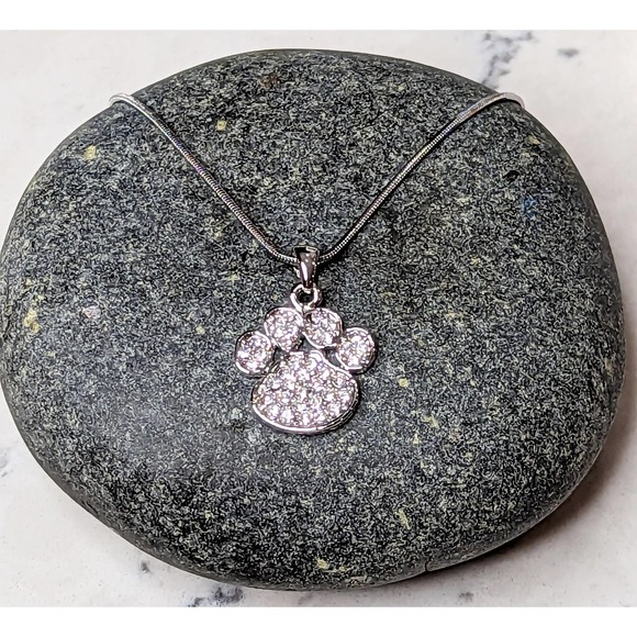 Paw Print Necklace White Gold Plated Pendant with Crystals - Picture 4 of 8